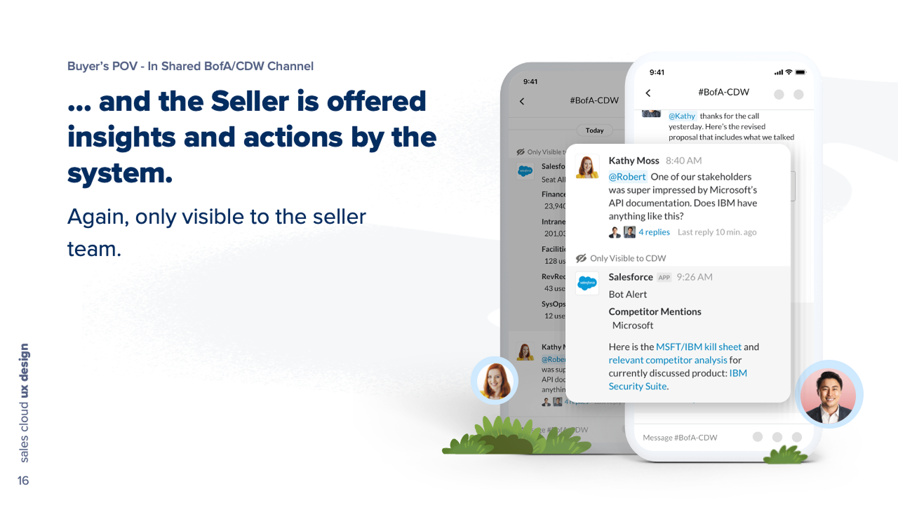 An internal-only bot alert fires on the competitor mention and offers the seller a kill sheet and a competitive analysis for the product under discussion.